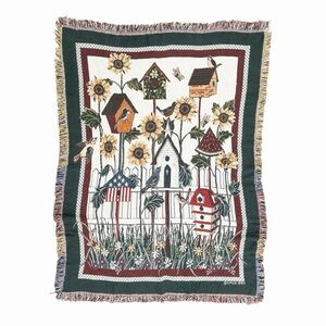 VINTAGE Rare CPCA Sunflower and Birdhouse Tapestry Woven Throw Blanket